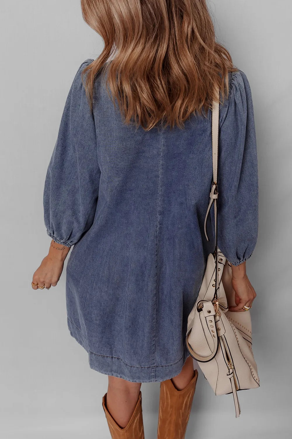 Tie Neck Long Sleeve Mini Denim Dress - Fashorio