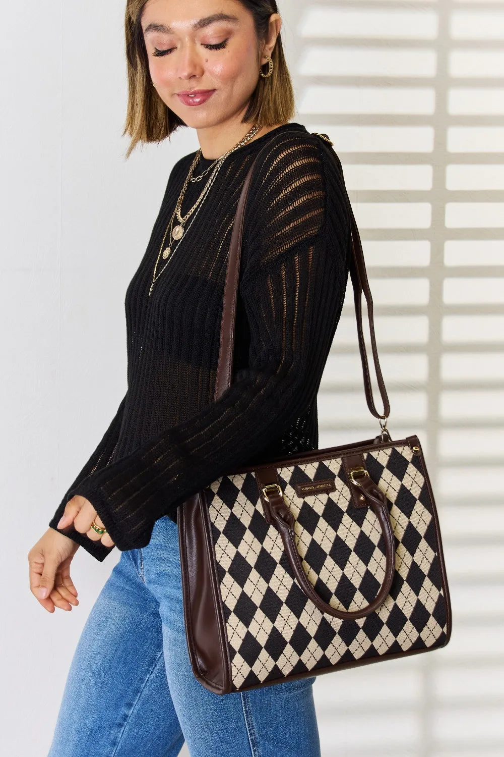 David Jones Argyle Pattern PU Leather Handbag - Fashorio