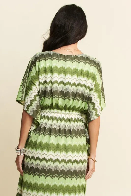 Wavy Print Tie Waist Flowy Dress in Sage view 9