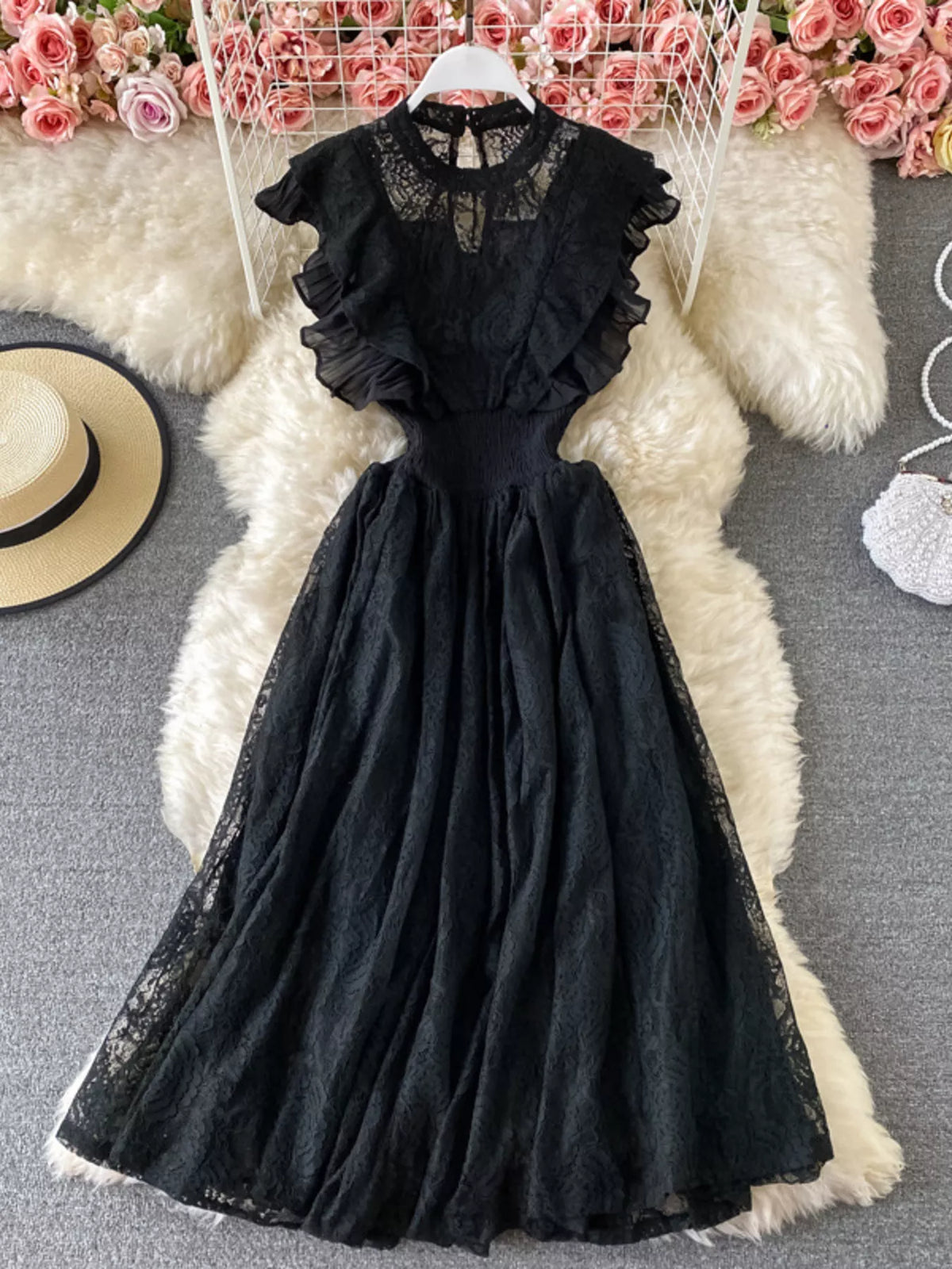 Ruffled mock neck lace maxi dress, close up view