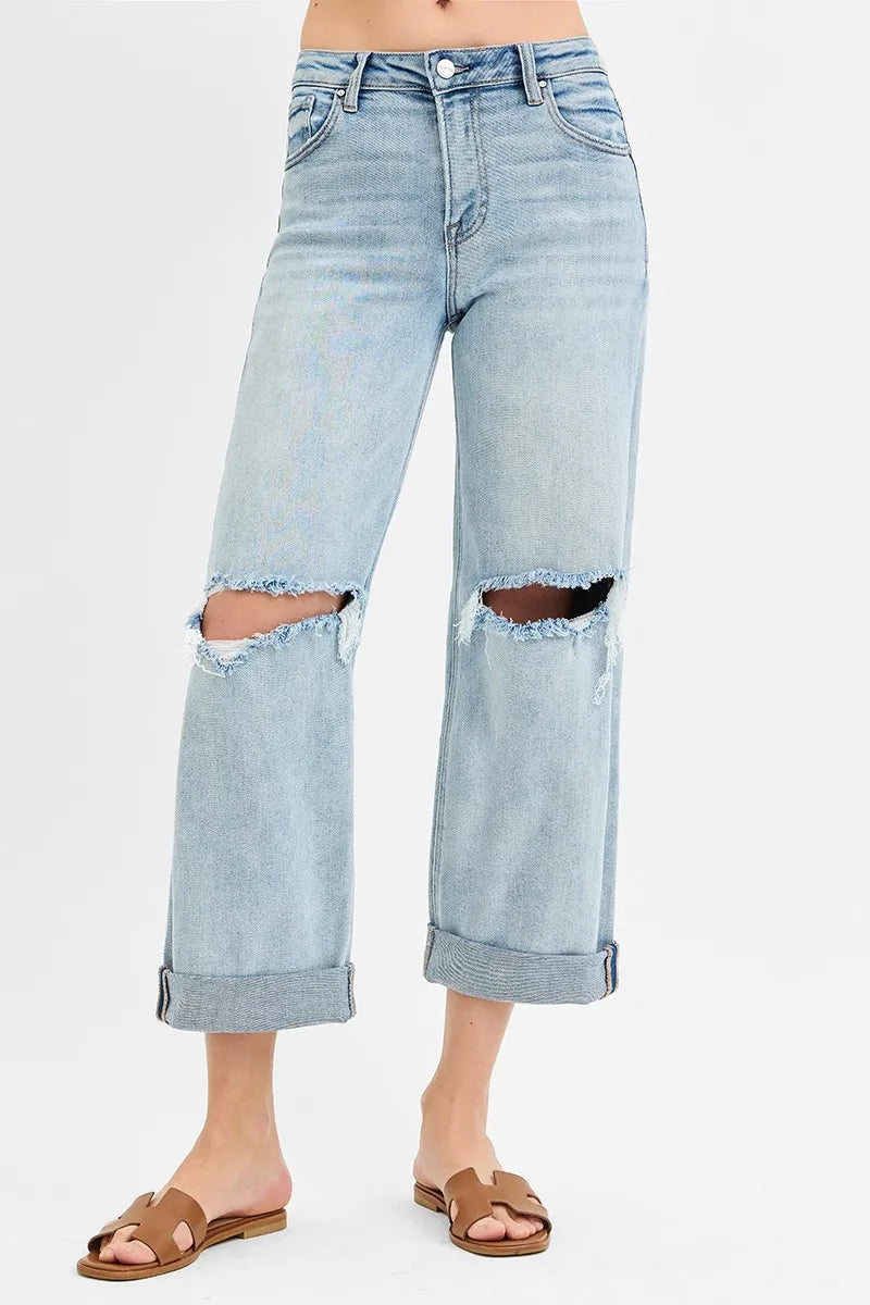 RISEN Full Size Mid Rise Fit Boyfriend Jeans with Cuff Plus Size - Fashorio