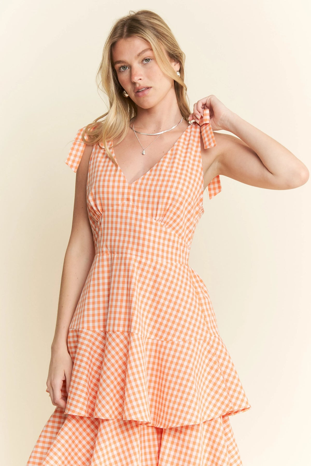 Sleeveless Gingham Print Tiered Midi Dress view 8
