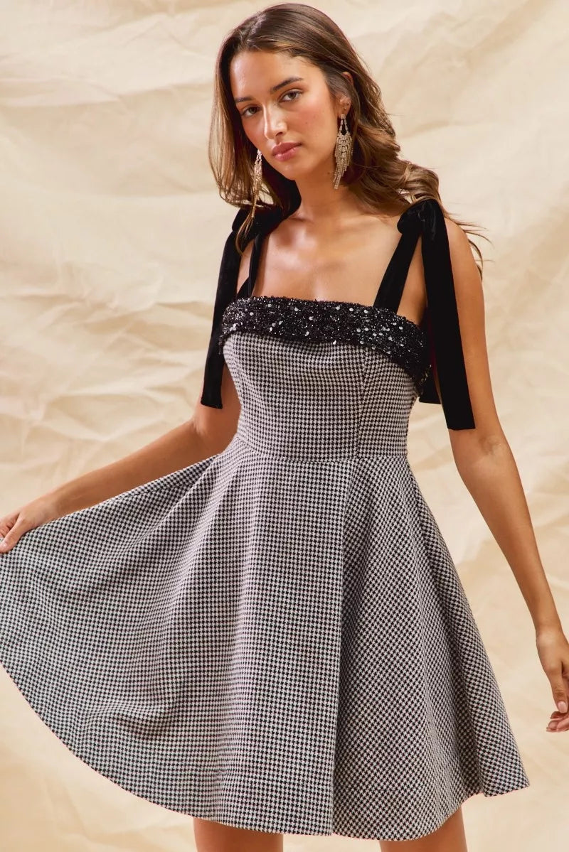 Houndstooth Fit and Flare Mini Dress in Black detail