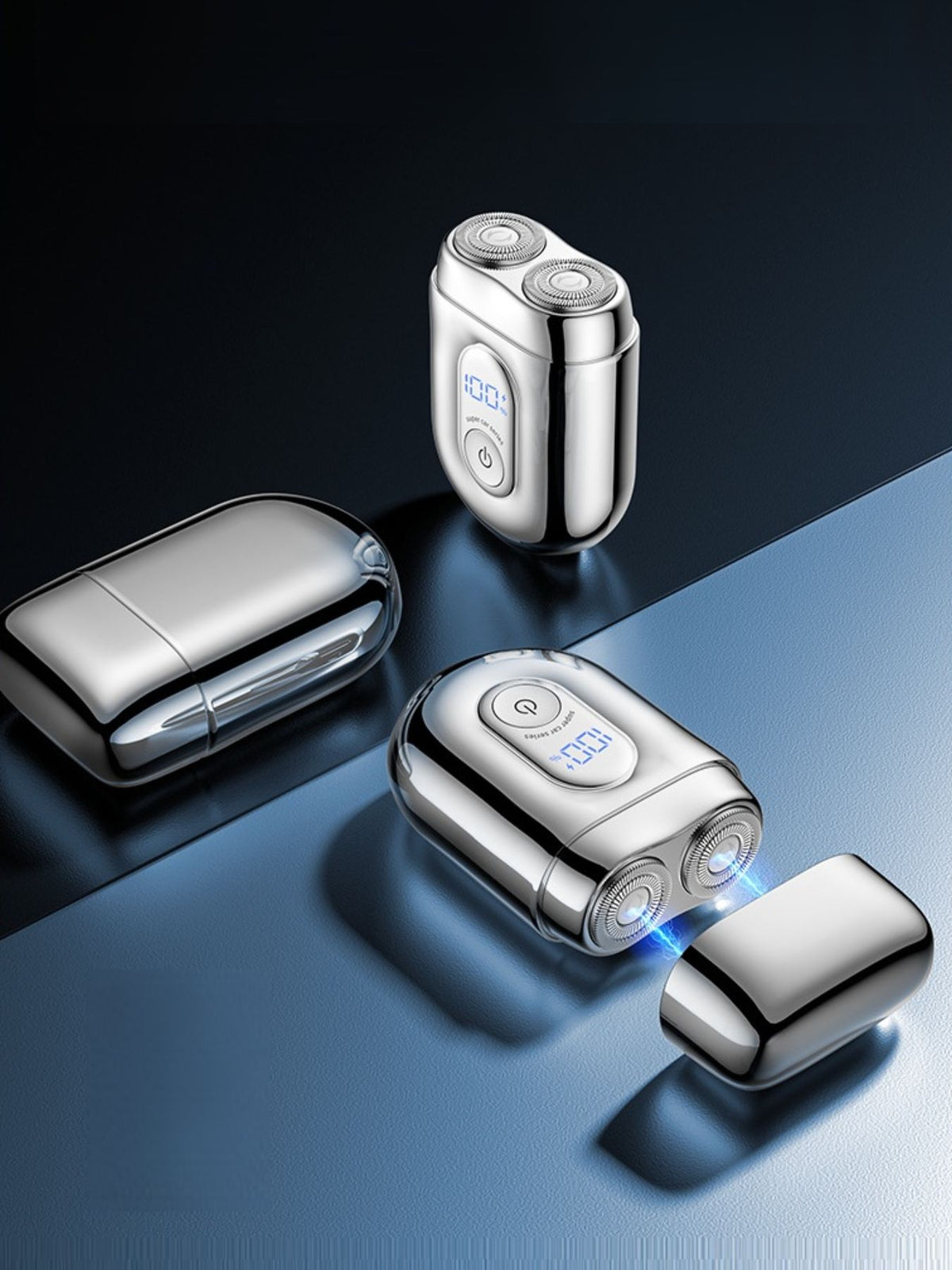 Portable electric shaver head close up