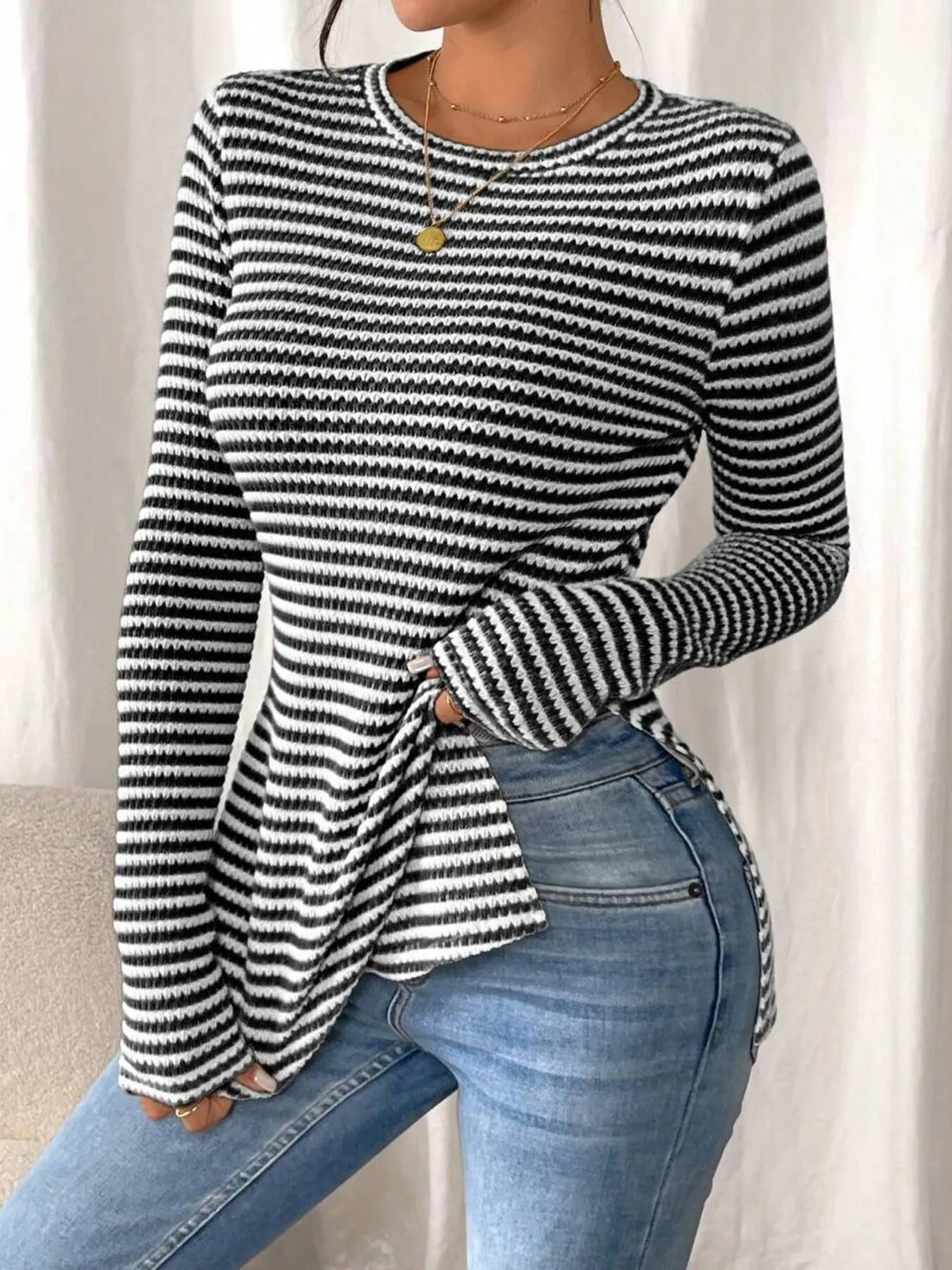 Side Slit Striped Long Sleeve T-Shirt - Fashorio