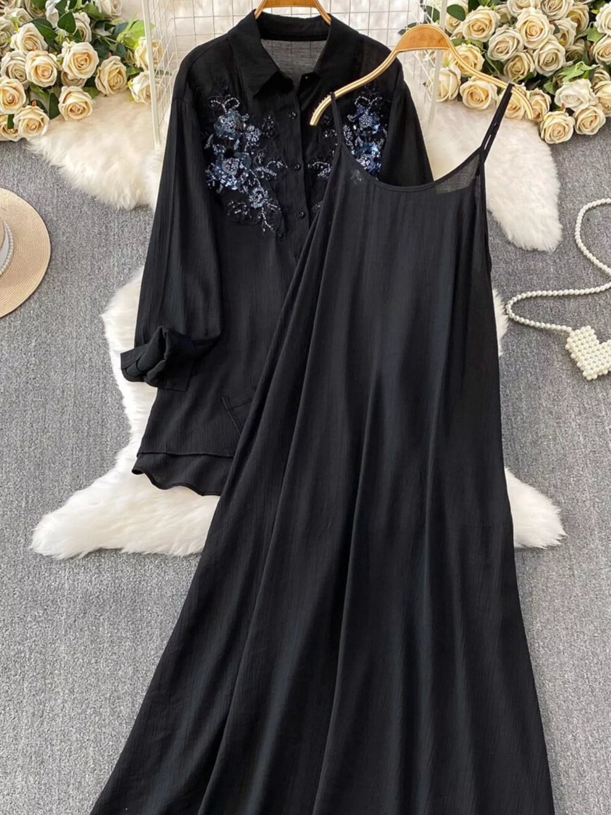 Sequin Flower Button Up Shirt and Cami Dress Set, view 17