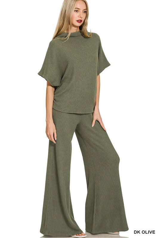 Zenana Mock Neck Top and Pants Sweater Set DK OLIVE - Fashorio
