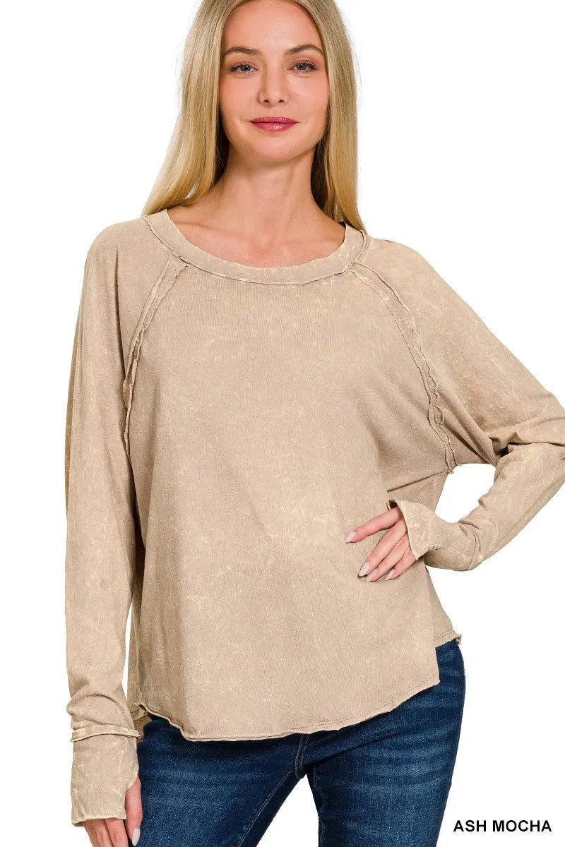 Zenana Crinkle Washed Thumb Hole Cuffs Long Sleeve Top ASH MOCHA - Fashorio