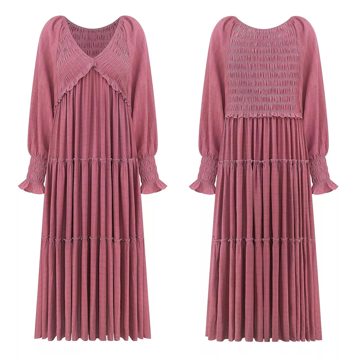 v neck long sleeve tiered maxi dress side view 2