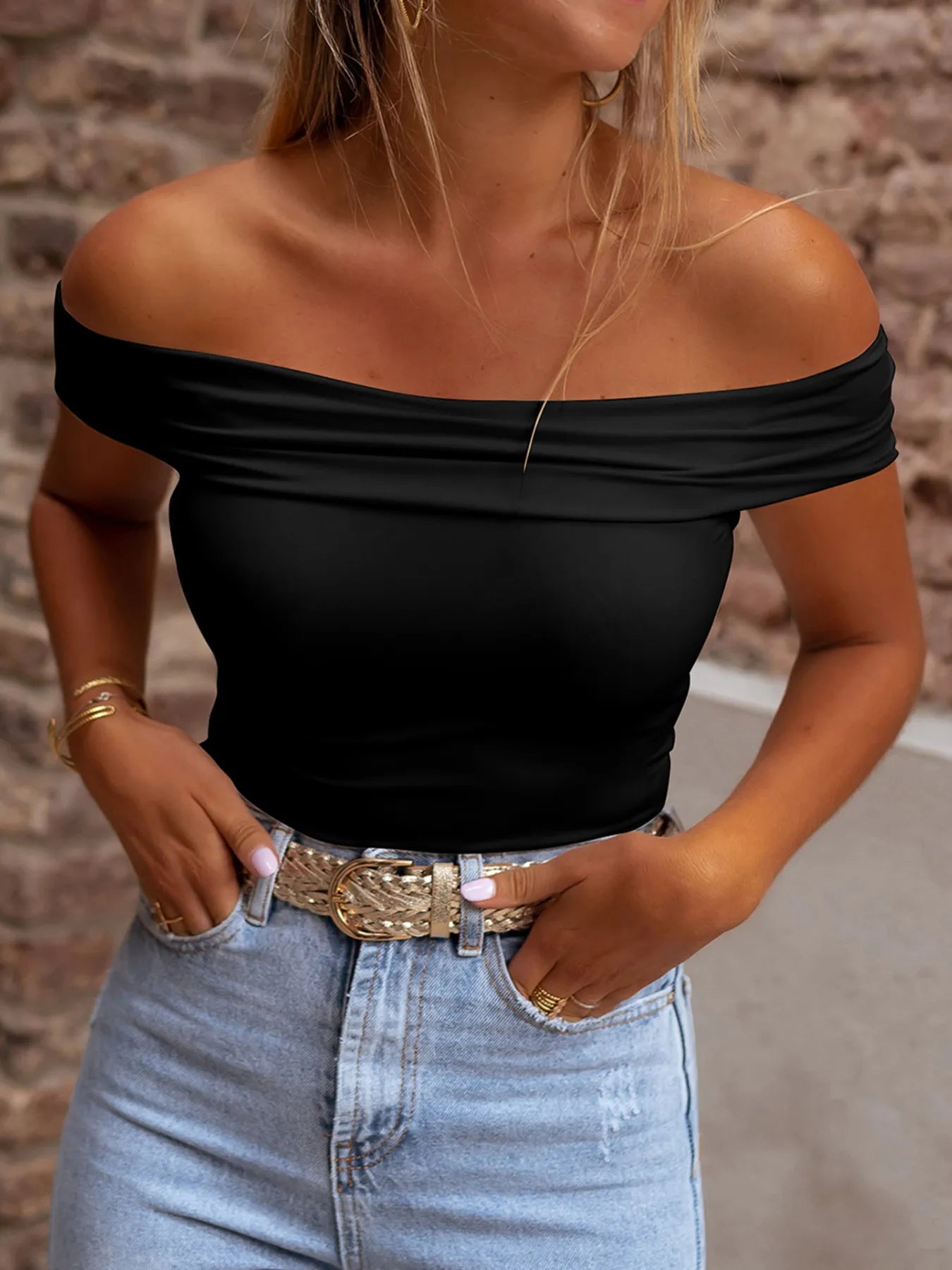Folded Off Shoulder Slim Top Black - Fashorio