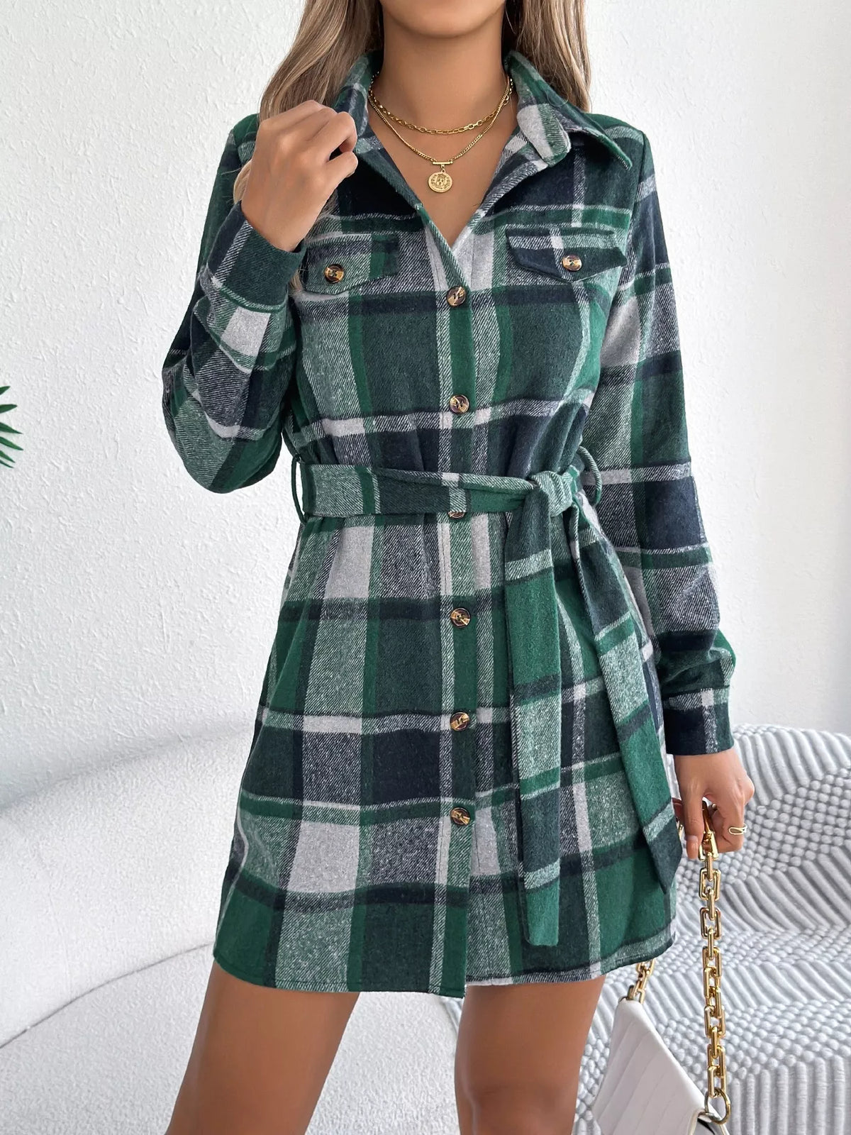Plaid Tie Waist Shirt Dress in Green back view