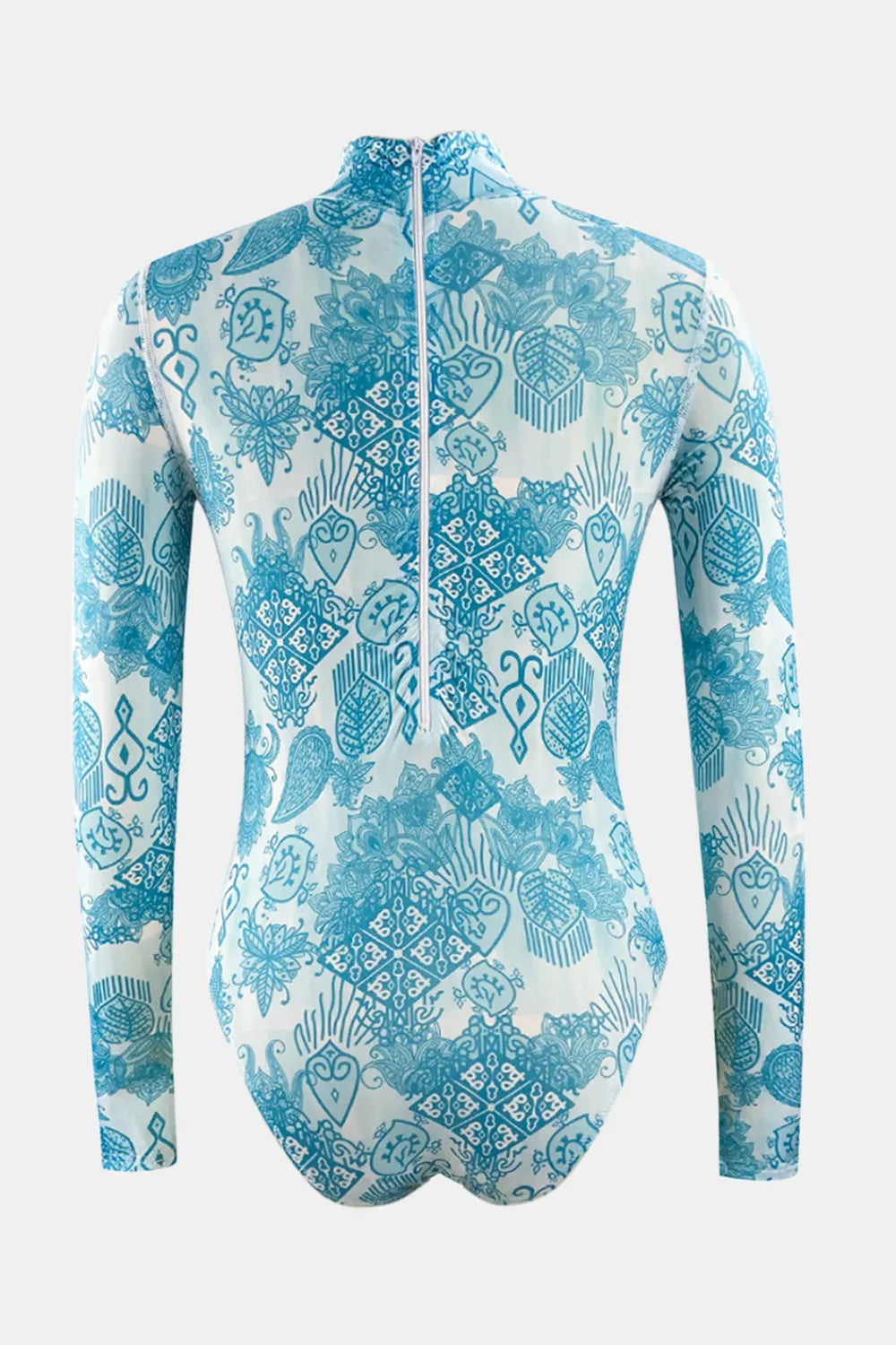 Printed Mock Neck Long Sleeve One-Piece Swimwear - Fashorio