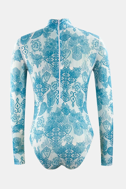 Printed Mock Neck Long Sleeve One-Piece Swimwear - Fashorio