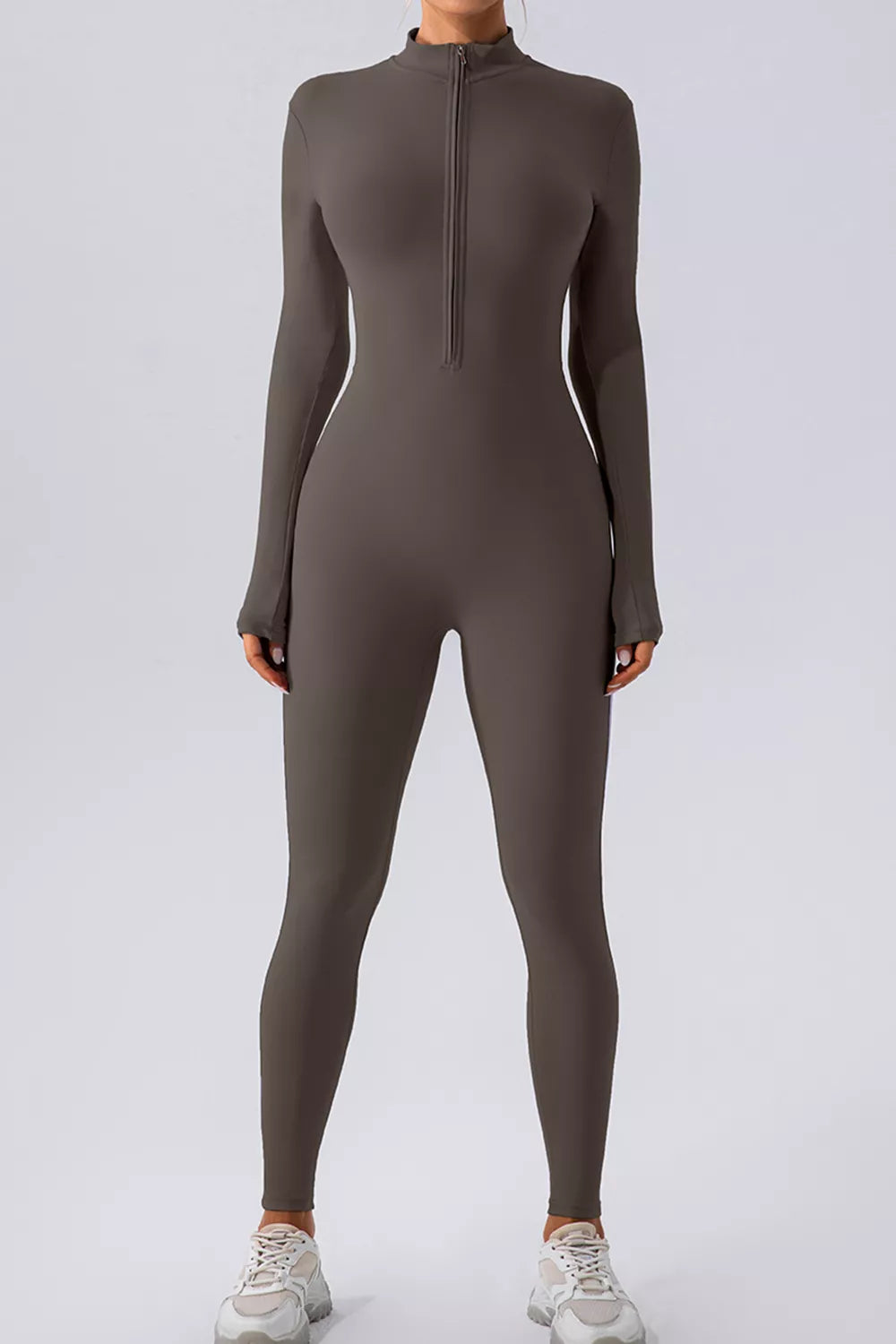 Half zip mock neck active jumpsuit full length view