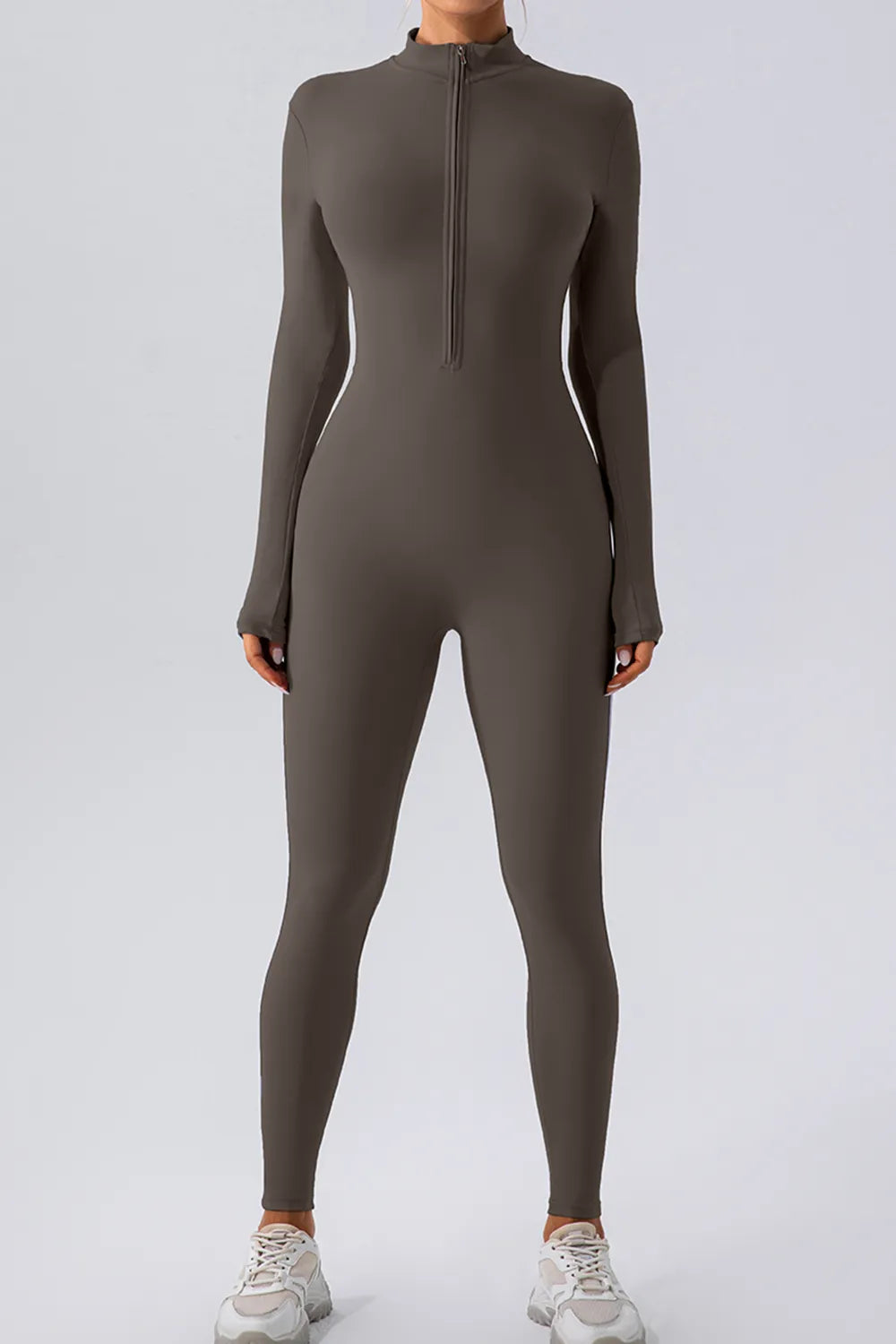 Half Zip Mock Neck Active Jumpsuit Dark Gray - Fashorio