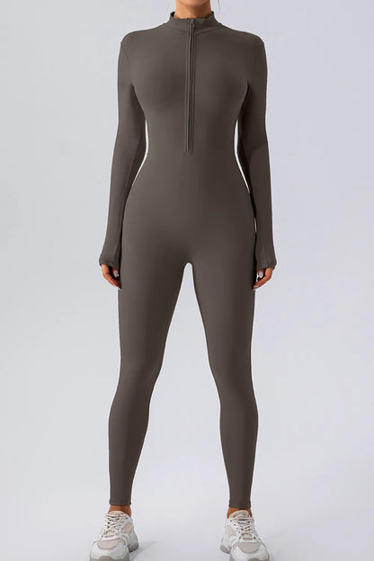 Half Zip Mock Neck Active Jumpsuit Dark Gray - Fashorio