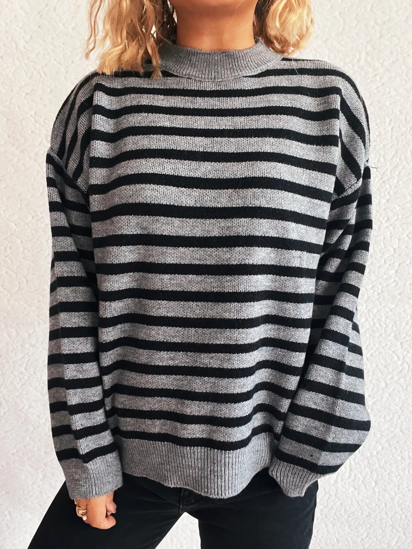 Striped Mock Neck Long Sleeve Sweater - Fashorio