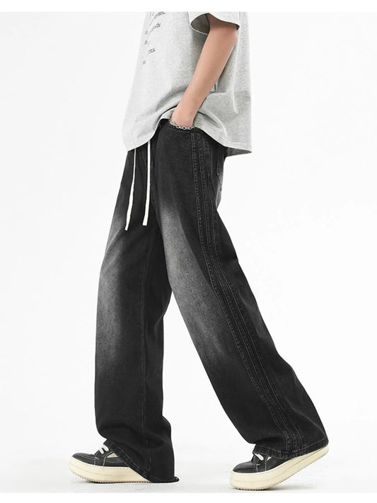 Men's Plus Size Drawstring Washed Wide Leg Jeans Polished Gray - Fashorio