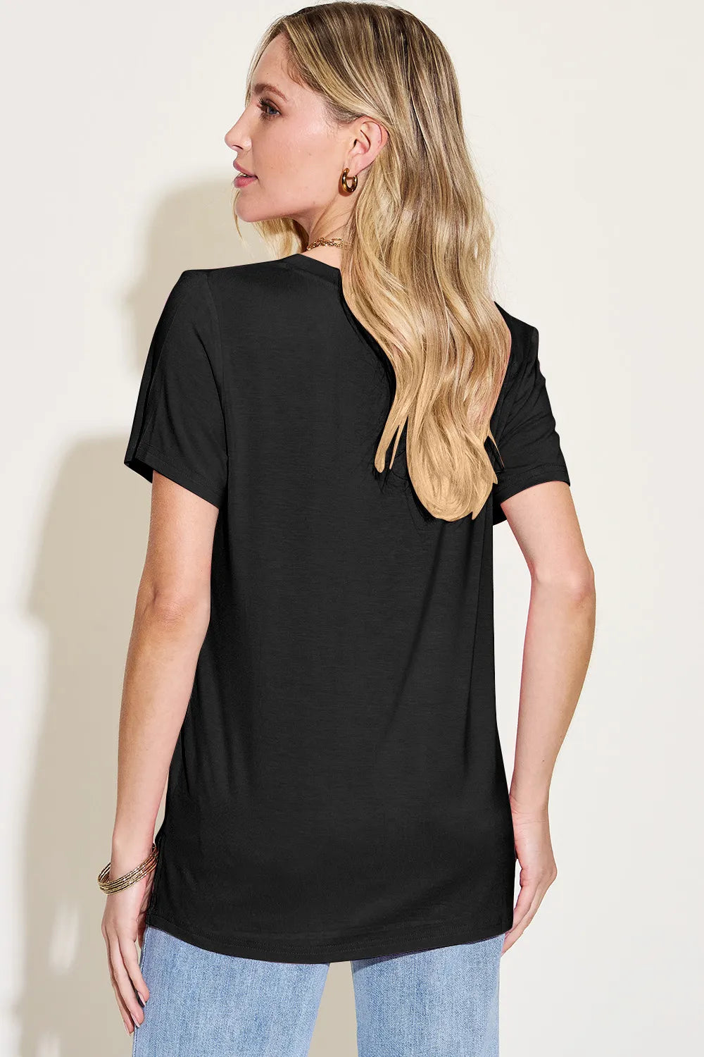 Bamboo high low tee styled with leggings