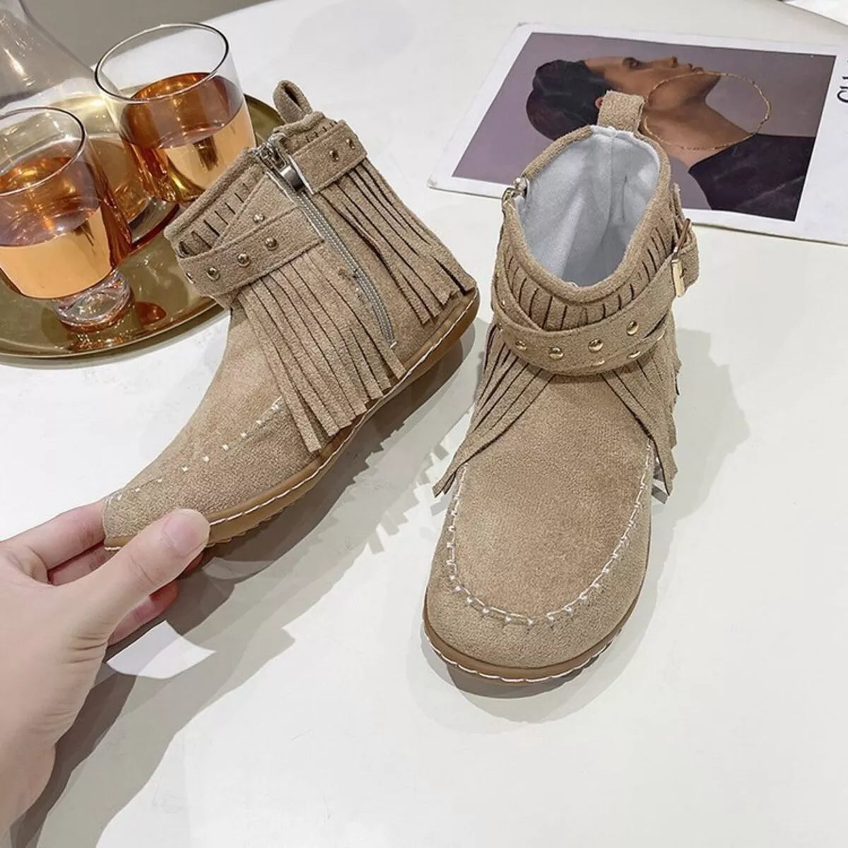 fringe round toe boots upper texture detail