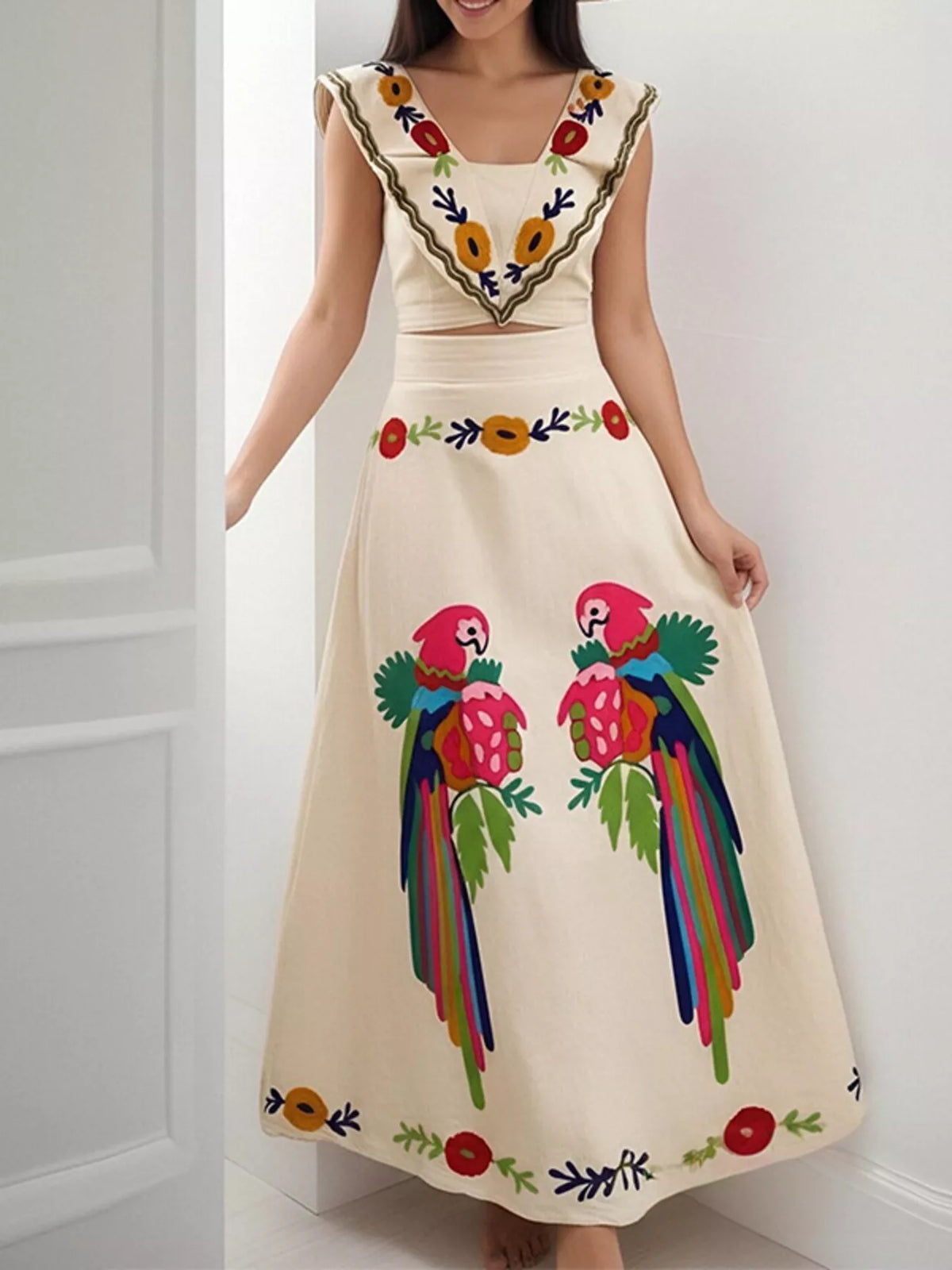 Parrot print crop top and maxi skirt set front view