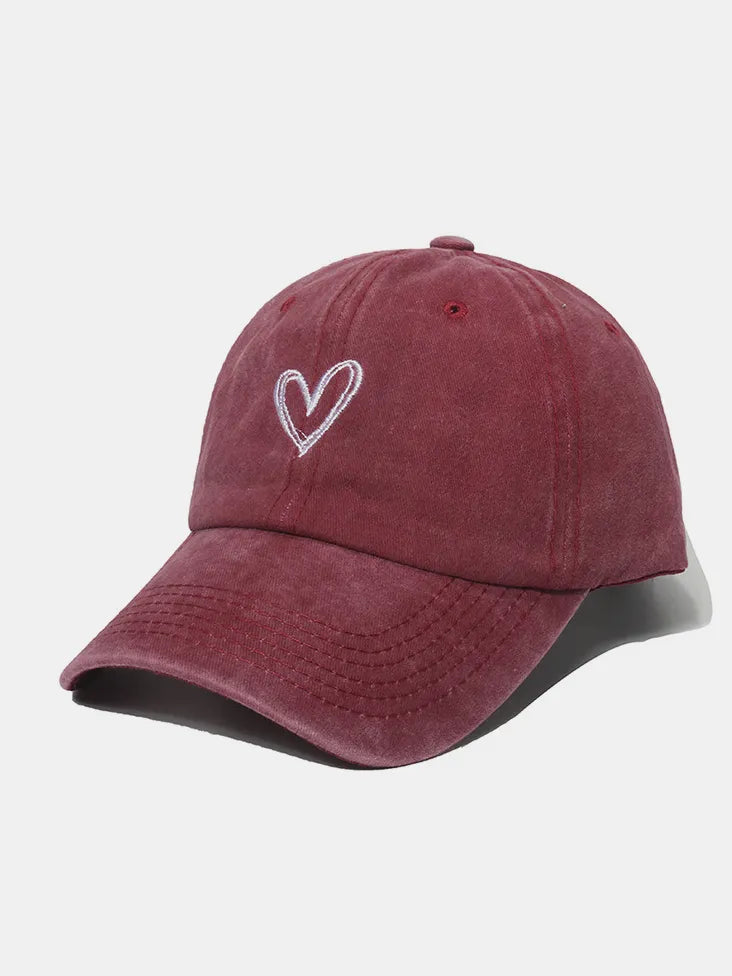 Embroidered Heart Washed Cotton Baseball Cap Burgundy One Size - Fashorio