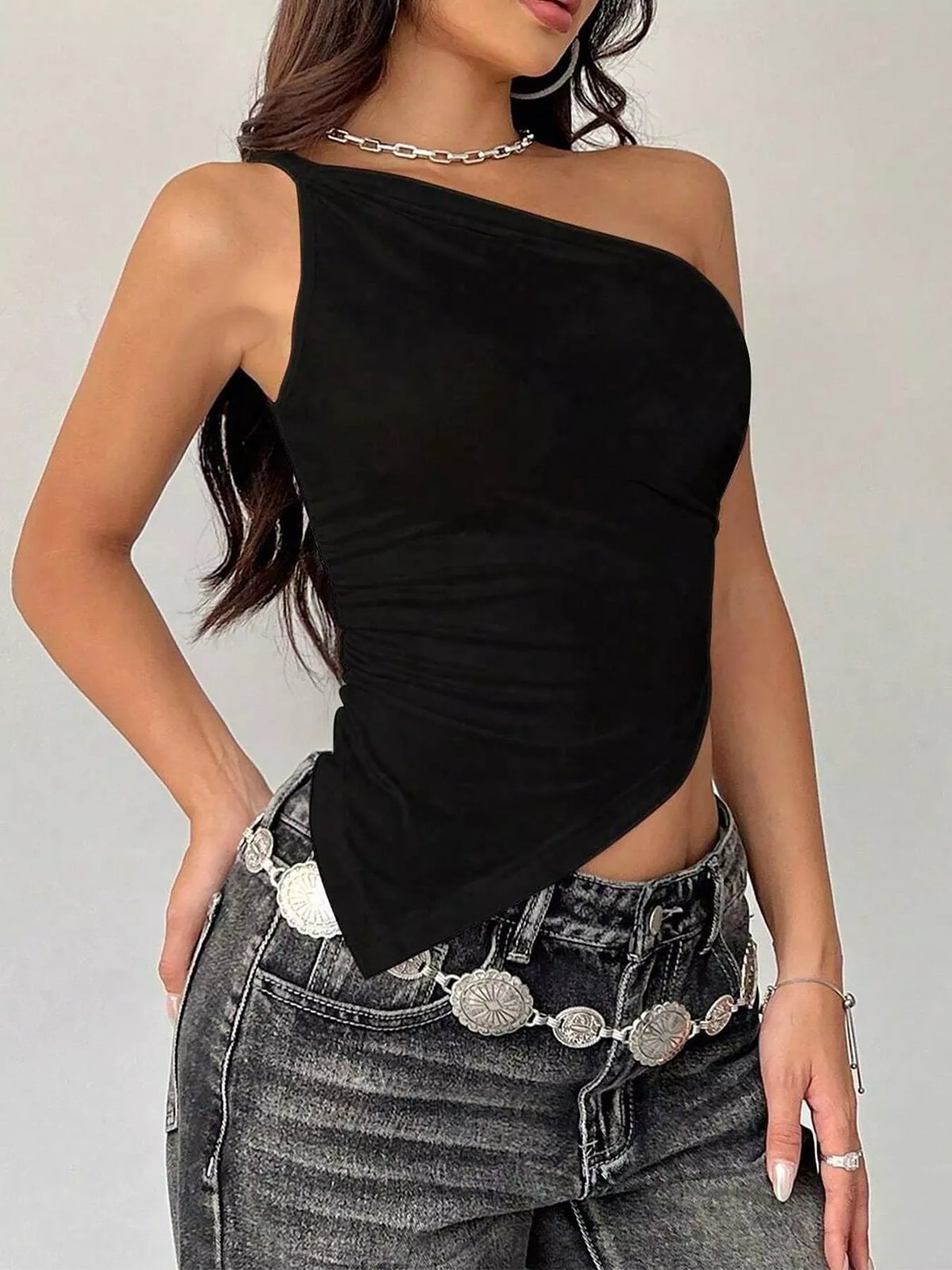 one shoulder slim fit cami flat lay detail