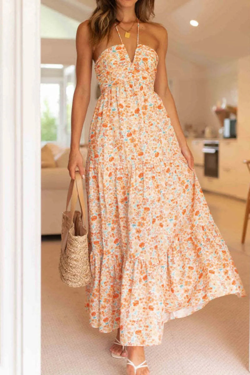 Tiered halter neck printed cami dress, front view