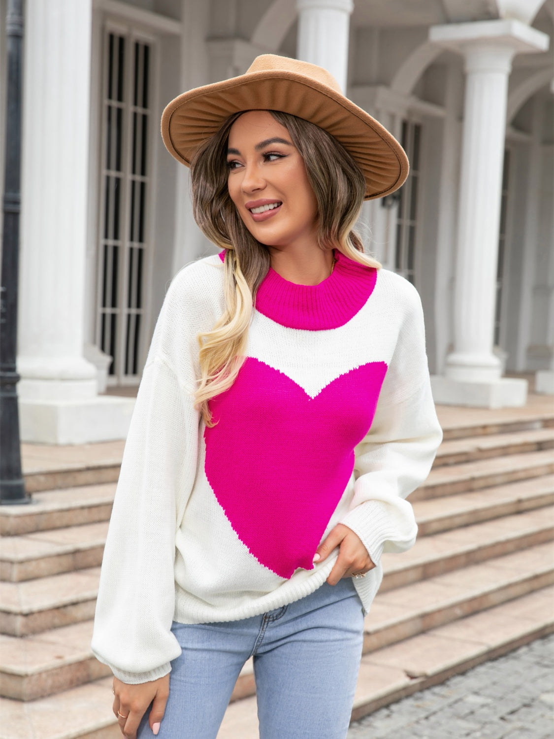 Angel Wings Heart Graphic Round Neck Sweater - Fashorio