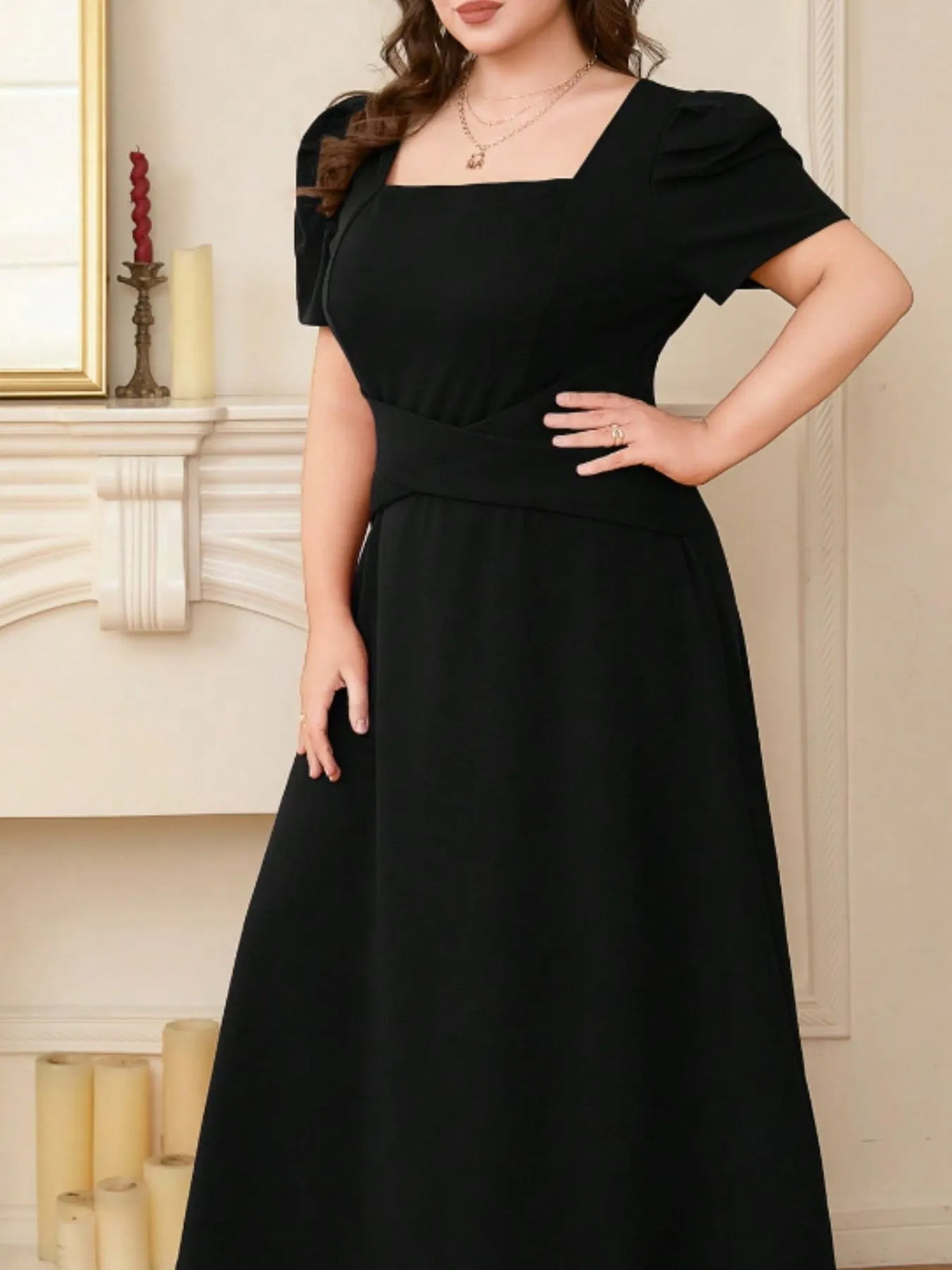 plus size square neck puff sleeve midi dress fabric detail