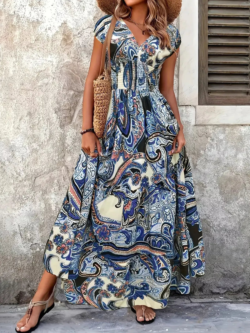 Printed V neck cap sleeve maxi dress front view
