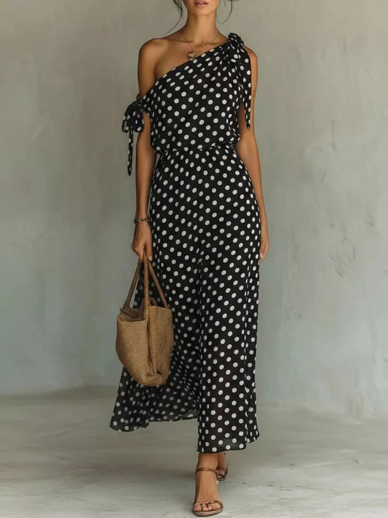Polka dot one shoulder plus size maxi dress front view