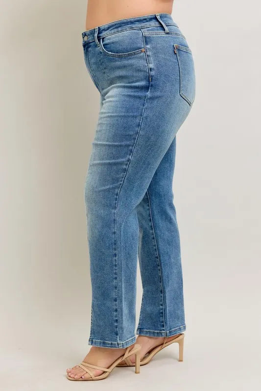 Judy Blue vintage wash straight jeans angled view