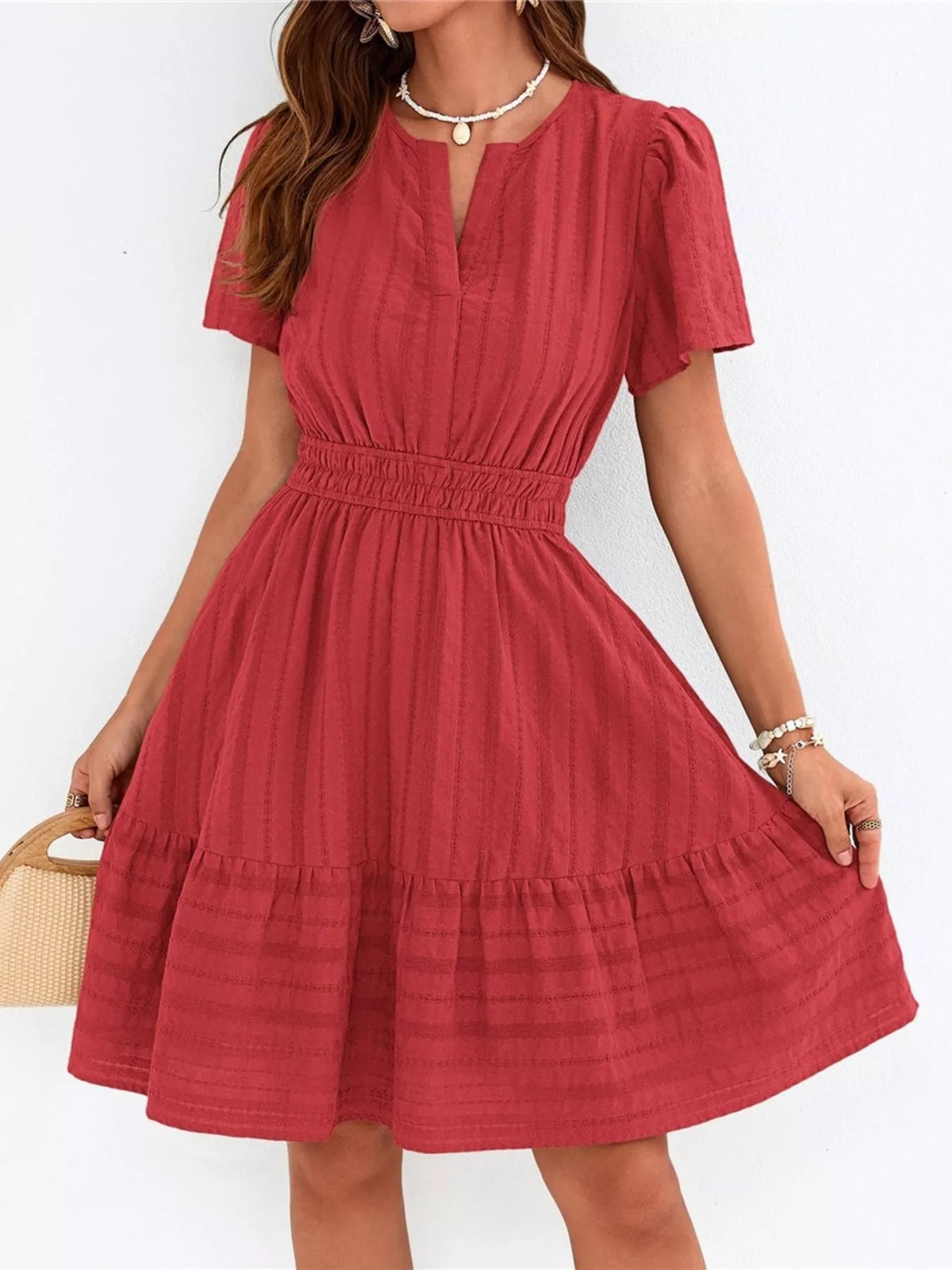 Short sleeve smocked waist tiered midi dress back view