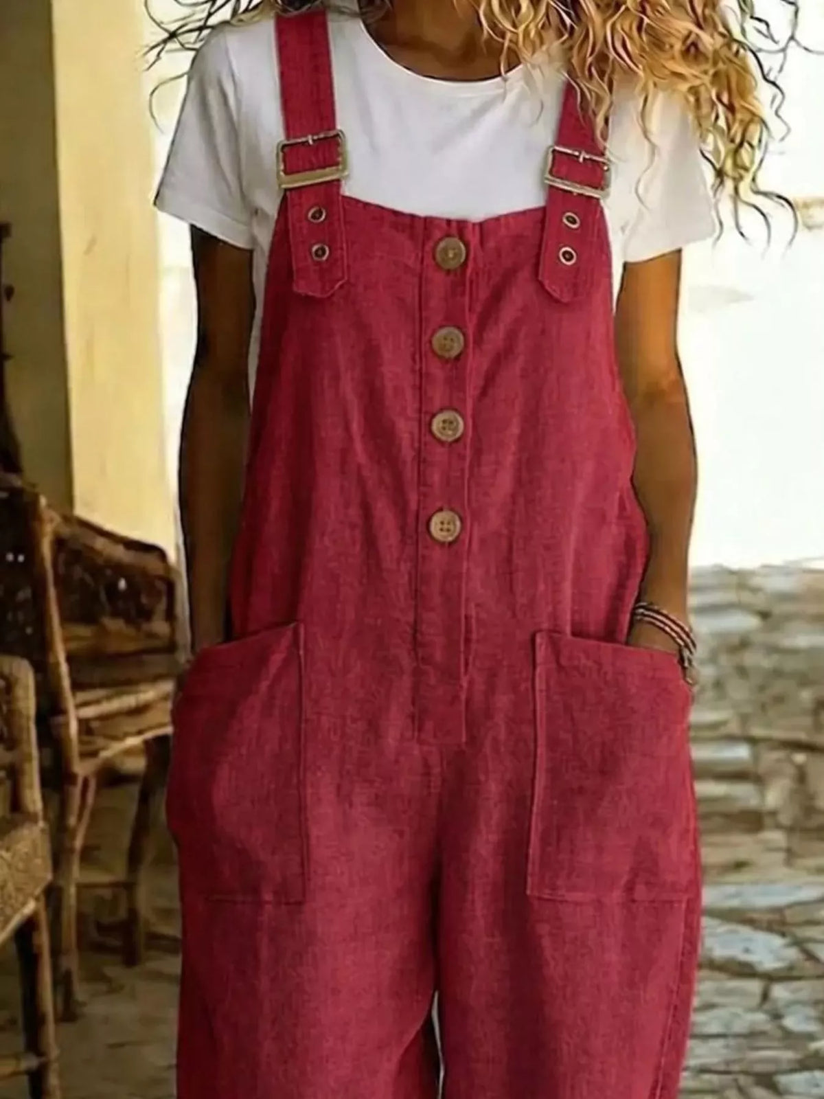 Button front wide leg overalls side view