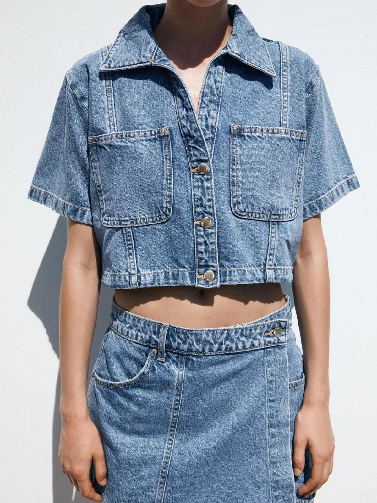 Sky blue denim skort set outfit detail