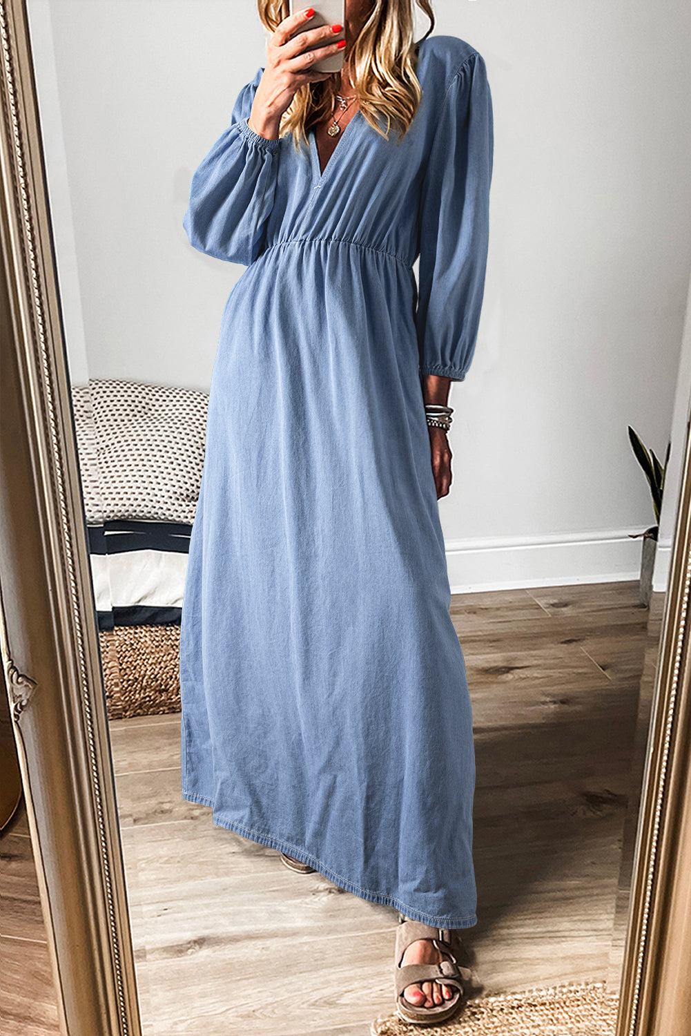 Blue chambray deep V neck maxi dress front view