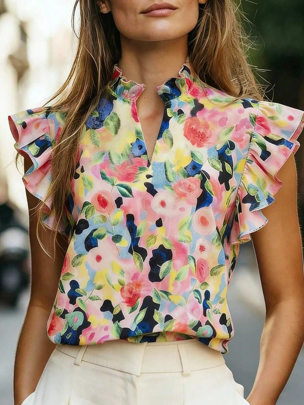 Printed ruffle sleeve blouse side view