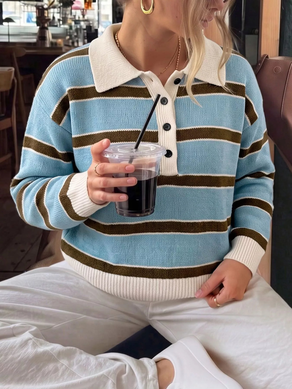 Striped Button Polo Collar Sweater in Blue back view