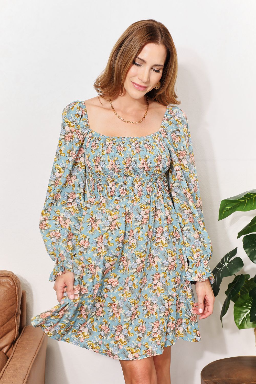 Honey Floral Smocked Flounce Sleeve Square Neck Dress side view