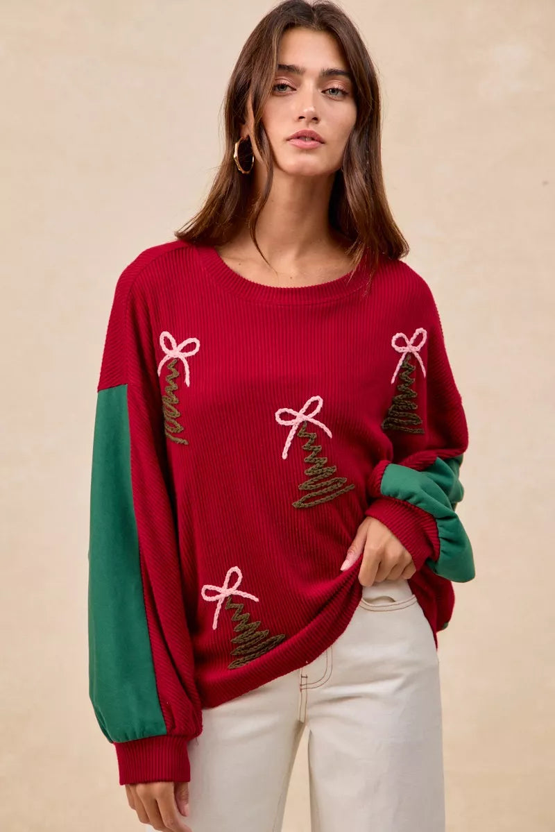 Embroidered Christmas Tree Sweater in Red