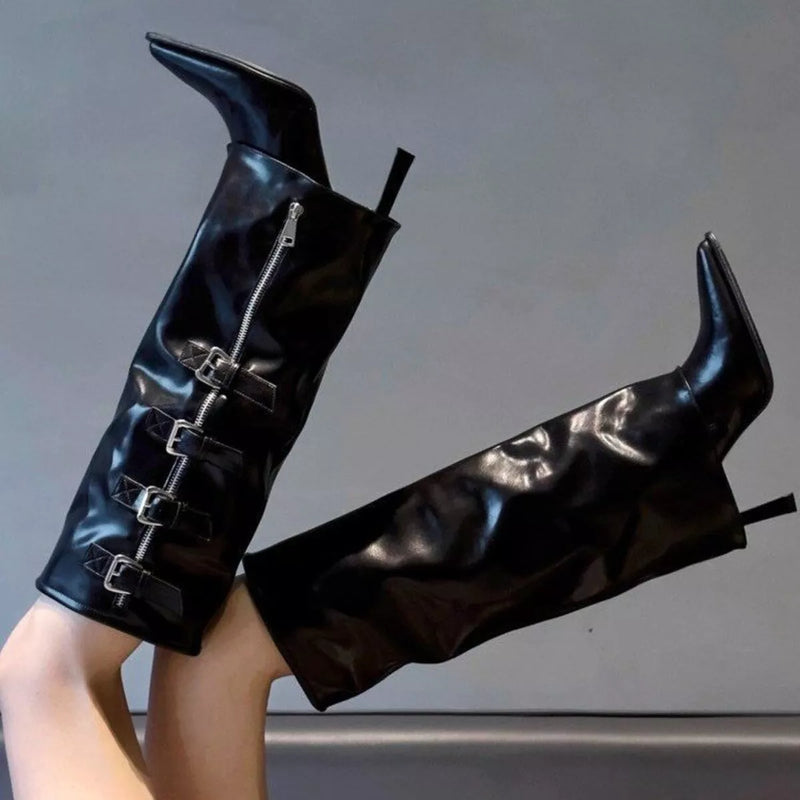 Pointed toe buckle stiletto boots front view