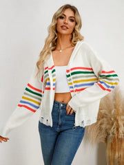Drawstring Striped Dropped Shoulder Hooded Cardigan White - Fashorio