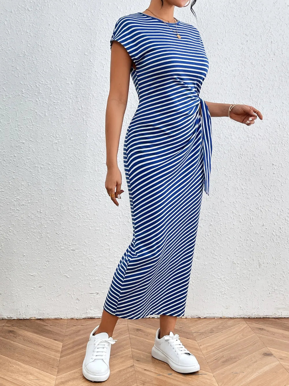 striped round neck short sleeve tee dress lifestyle shot
