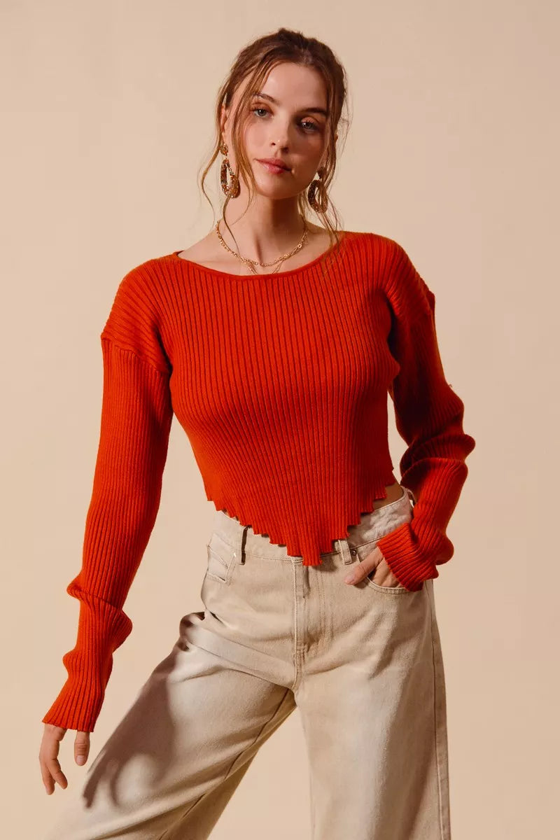 Ribbed Cropped Sweater Top with Shaped Hem in Rust