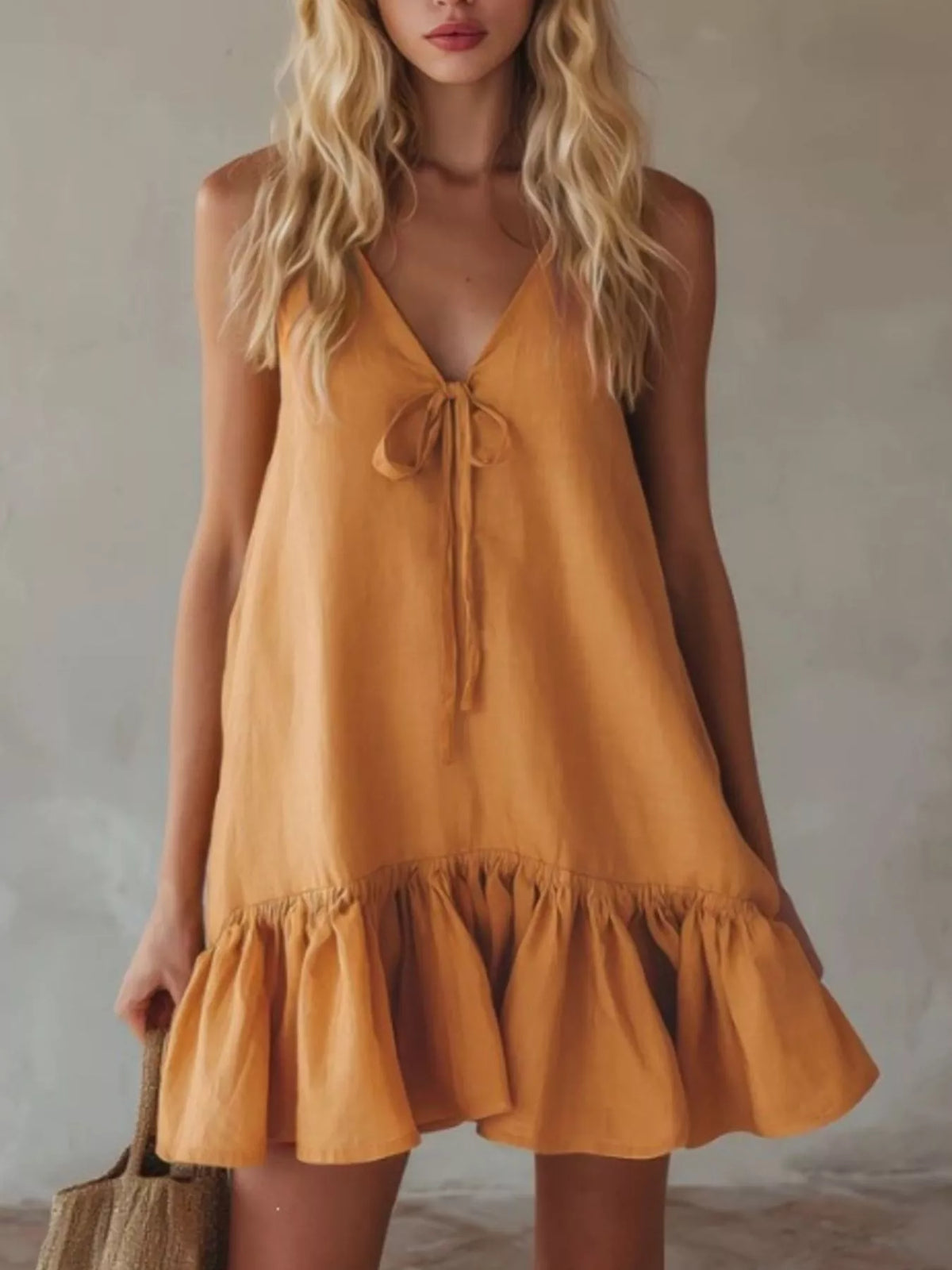 V neck tie front ruffle hem mini dress front view