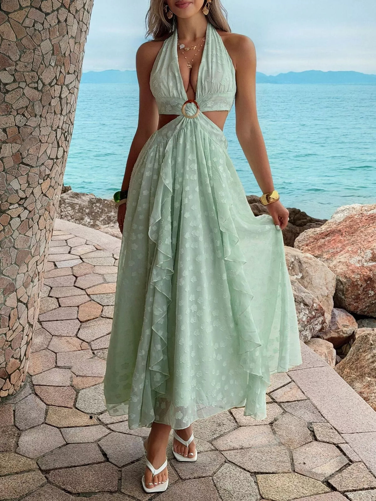 Green ruffled halter neck maxi dress front view