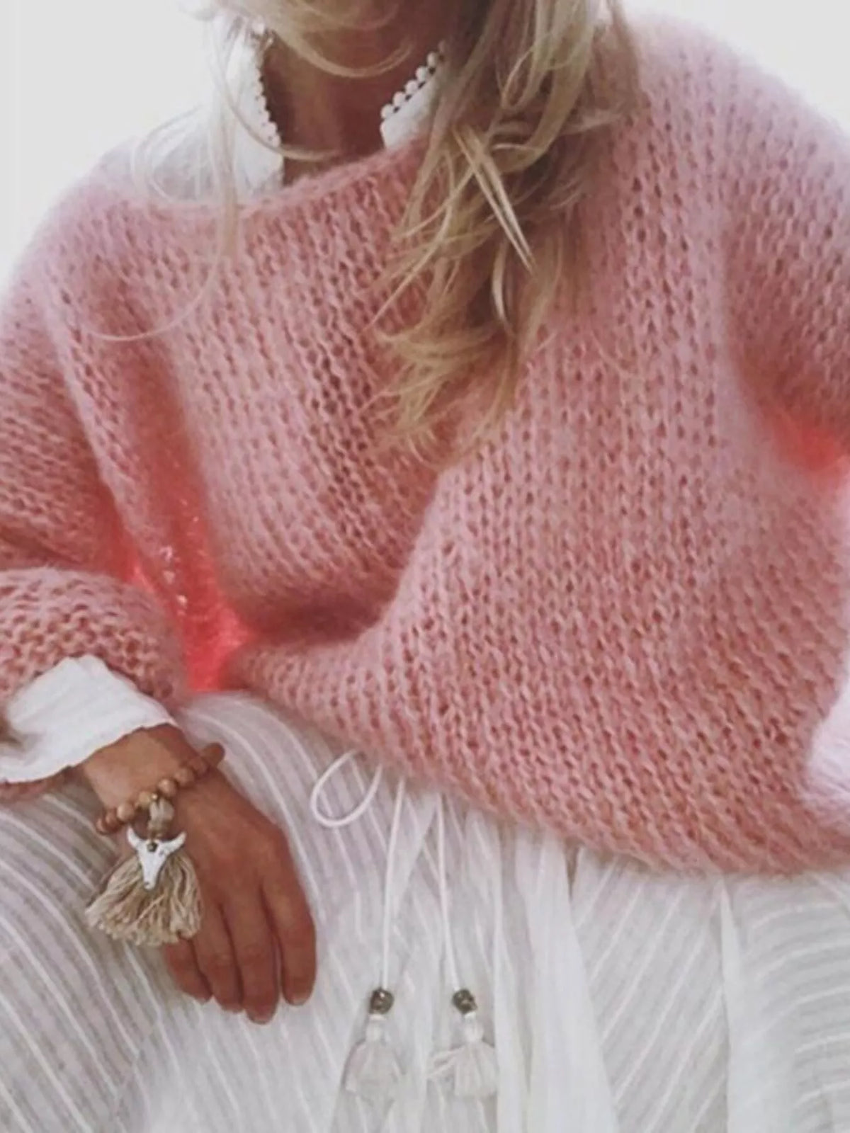 fuzzy round neck sweater pink front view