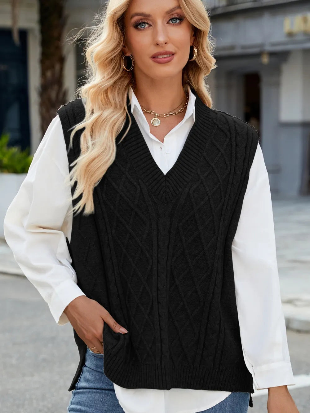 Cable Knit V Neck Sweater Vest in Gray view 12