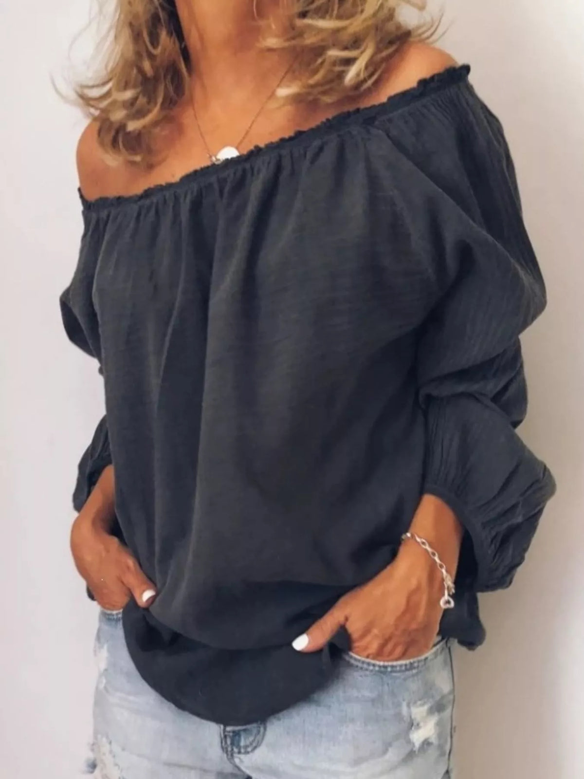 off shoulder frill trim blouse detail view